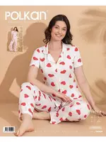 Kısa Kollu Pijama Takım Beyaz Kalpli Viskon V Yaka Gömlek Polkan 19574 Beyaz