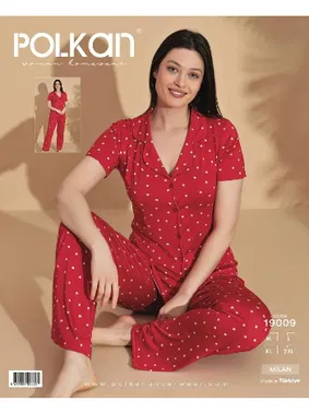 Polkan Kısa Kollu Pijama Takım Kırmızı Yıldız Desenli Viskon V Yaka Gömlek Polkan 19090