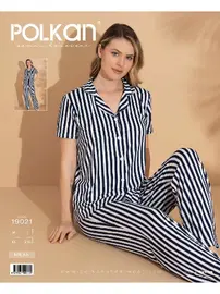 Polkan Kısa Kollu Pijama Takım Lacivert Beyaz Çizgili Viskon V Yaka Gömlek Polkan 19021