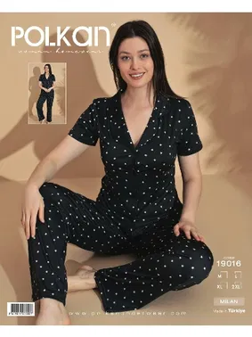 Polkan Kısa Kollu Pijama Takım Siyah Yıldız Desenli Viskon V Yaka Gömlek Polkan 19016