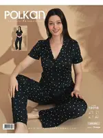 Kısa Kollu Pijama Takım Siyah Yıldız Desenli Viskon V Yaka Gömlek Polkan 19016 Siyah