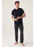 Kısa Kollu Yuvarlak Yaka Çizgili Erkek Pijama Takımı Arnetta 3011-S Lacivert detay görünüm
