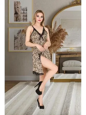 İzabel Kısa Leopar Desenli Dantelli Kısa Gecelik Sabahlık İzabel 7006 - Alternatif Görünüm
