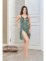 Kısa Yırtmaçlı Çizgili Kadın Sabahlık İzabel 7001 Yeşil detay görünüm