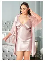 Kolları Tüllü Saten Büyük Beden Saten Gecelik Sabahlık Takımı Miss Laris 6014 Pudra