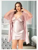 Kolları Tüllü Saten Büyük Beden Saten Gecelik Sabahlık Takımı Miss Laris 6014 Pudra detay görünüm