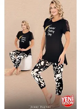 Lady Kolu Dantelli Desenli Kısa Kollu Kapri Kadın Pijama Takımı Lady 12071