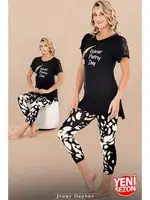 Kolu Dantelli Desenli Kısa Kollu Kapri Kadın Pijama Takımı Lady 12071 Siyah