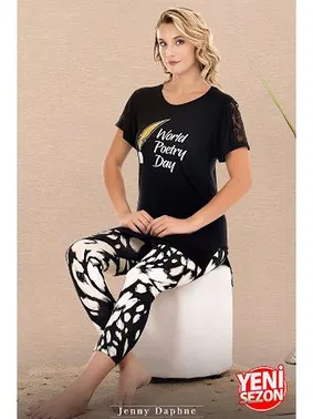 Lady Kolu Dantelli Desenli Kısa Kollu Kapri Kadın Pijama Takımı Lady 12071 - Alternatif Görünüm