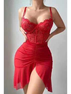 Ruselin Korse Görünümlü Önden Büzgülü Dantelli Fantazi Gecelik Ruselin 2241