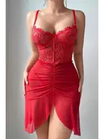 Korse Görünümlü Önden Büzgülü Dantelli Fantazi Gecelik Ruselin 2241 Kırmızı detay görünüm