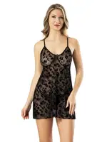 Çiçekli Transparan İnce Askılı Kadın Gecelik Kota 6216 Siyah