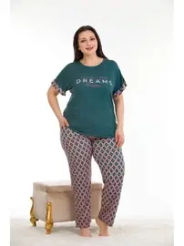 Lady Koyu Yeşil Büyük Beden Kısa Kollu Pijama Takımı Lady 10932