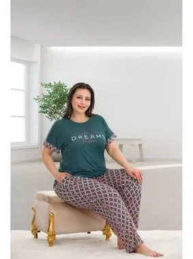 Lady Koyu Yeşil Büyük Beden Kısa Kollu Pijama Takımı Lady 10932 - Alternatif Görünüm