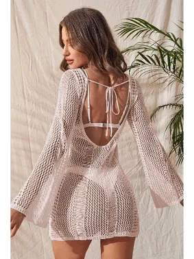 Angelsin Krem Örme Pamuk Uzun Kollu Pareo Plaj Elbisesi Kimono Kaftan Angelsin MS4366