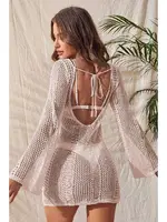 Krem Örme Pamuk Uzun Kollu Pareo Plaj Elbisesi Kimono Kaftan Angelsin MS4366