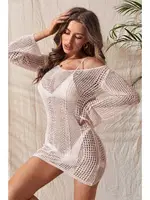 Krem Örme Pamuk Uzun Kollu Pareo Plaj Elbisesi Kimono Kaftan Angelsin MS4366 farklı açı