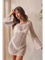 Krem Örme Pamuk Uzun Kollu Pareo Plaj Elbisesi Kimono Kaftan Angelsin MS4366 görsel 4