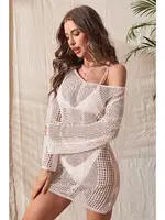 Krem Örme Pamuk Uzun Kollu Pareo Plaj Elbisesi Kimono Kaftan Angelsin MS4366 görsel 5