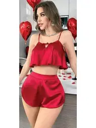 NightLight Kurdela Bağlamalı Ayar Askılı Mini Saten Fantazi Şort Takım NightLight 3797