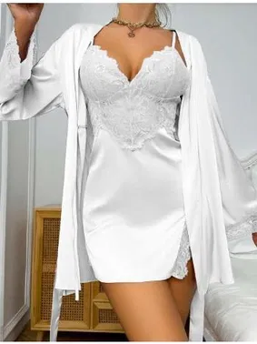 Real Passione Kuşaklı Saten Sabahlık Dantelli Kısa Gecelik Takım Real Passione 3052