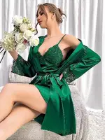 Kuşaklı Saten Sabahlık İnce Askılı Dantelli Gecelik Takım Pink Night 1531 Yeşil