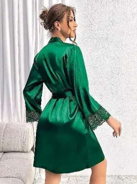 Pink Night Kuşaklı Saten Sabahlık İnce Askılı Dantelli Gecelik Takım Pink Night 1531 - Alternatif Görünüm