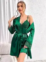 Kuşaklı Saten Sabahlık İnce Askılı Dantelli Gecelik Takım Pink Night 1531 Yeşil farklı açı