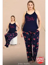 Lady Lacivert Çiçek Desenli İnce Askılı Büyük Beden Pijama Takımı Lady 11019
