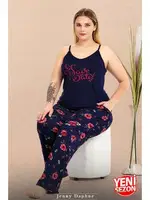 Lacivert Çiçek Desenli İnce Askılı Büyük Beden Pijama Takımı Lady 11019 detay görünüm