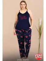 Lacivert Çiçek Desenli İnce Askılı Büyük Beden Pijama Takımı Lady 11019 farklı açı