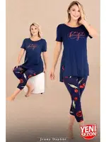 Lacivert Çiçek Desenli Kısa Kollu Rahat Kesim Viskon Kapri Pijama Takımı Lady 12074 Lacivert