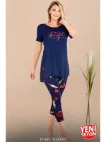 Lacivert Çiçek Desenli Kısa Kollu Rahat Kesim Viskon Kapri Pijama Takımı Lady 12074 Lacivert farklı açı