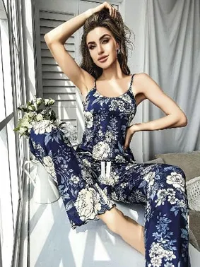 Pink Night Lacivert Çiçekli Askılı Bluz Pantolon Takım Pink Night 1402