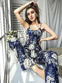 Pink Night Lacivert Çiçekli Askılı Bluz Pantolon Takım Pink Night 1402