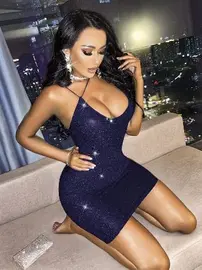 Pink Night Lacivert Işıltılı Seksi Kulüp Midi Elbise Pink Night 1146