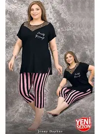 Lady Lady Büyük Beden Çizgili Tül Yaka Kısa Kollu Kapri Pijama Takımı Lady 10719