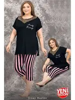 Lady Büyük Beden Çizgili Tül Yaka Kısa Kollu Kapri Pijama Takımı Lady 10719 Siyah