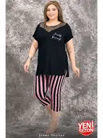 Lady Büyük Beden Çizgili Tül Yaka Kısa Kollu Kapri Pijama Takımı Lady 10719 Siyah detay görünüm