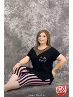 Lady Büyük Beden Çizgili Tül Yaka Kısa Kollu Kapri Pijama Takımı Lady 10719 Siyah farklı açı