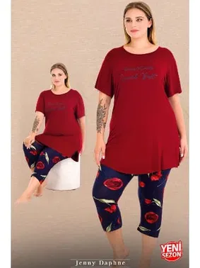 Lady Lady Büyük Beden Kırmızı Desenli Kısa Kollu Kapri Pijama Takımı Lady 10720