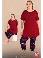 Lady Büyük Beden Kırmızı Desenli Kısa Kollu Kapri Pijama Takımı Lady 10720 Kırmızı