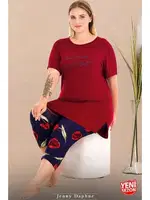 Lady Büyük Beden Kırmızı Desenli Kısa Kollu Kapri Pijama Takımı Lady 10720 Kırmızı farklı açı