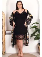 Lady Çiçek Desenli 2li Gecelik Sabahlık Takımı 19222 Siyah farklı açı