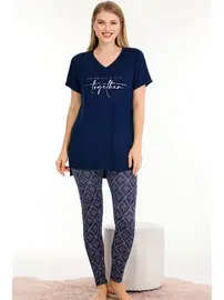 Lady Lady Desenli V Yaka Kısa Kol T-Shirt Tayt Pijama Takımı Lady 12576