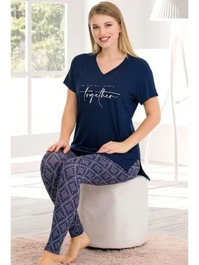 Lady Lady Desenli V Yaka Kısa Kol T-Shirt Tayt Pijama Takımı Lady 12576 - Alternatif Görünüm