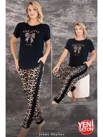 Lady Lady Leopar Desenli Normal Beden Bisiklet Yaka Kısa Kol T-Shirt Pijama Takımı 12593