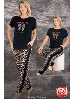 Lady Leopar Desenli Normal Beden Bisiklet Yaka Kısa Kol T-Shirt Pijama Takımı 12593