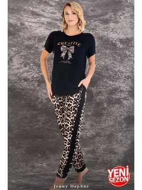 Lady Lady Leopar Desenli Normal Beden Bisiklet Yaka Kısa Kol T-Shirt Pijama Takımı 12593 - Alternatif Görünüm