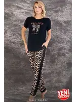 Lady Leopar Desenli Normal Beden Bisiklet Yaka Kısa Kol T-Shirt Pijama Takımı 12593 detay görünüm